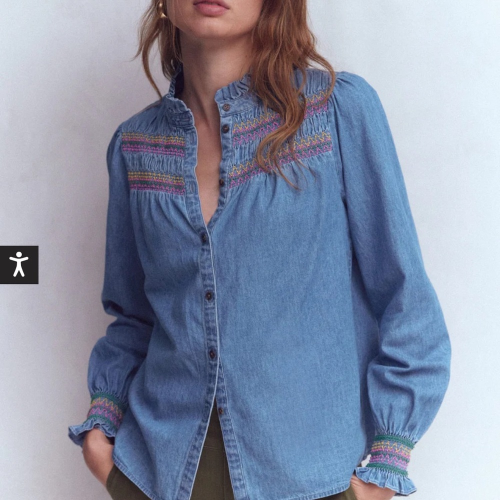 BODEN - NWT - Esme Smocked Denim Frill Top